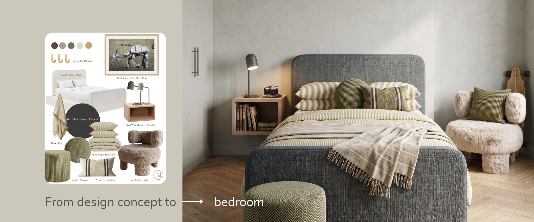 A curated design board for a teenage boy shows a bed, ottoman, chair, lamps, artwork and cushions. The text reads "From Design Concept to Bedroom". There is a finished bedroom featuring the products in the design board on the right side of the image to show the finished designer bedroom.