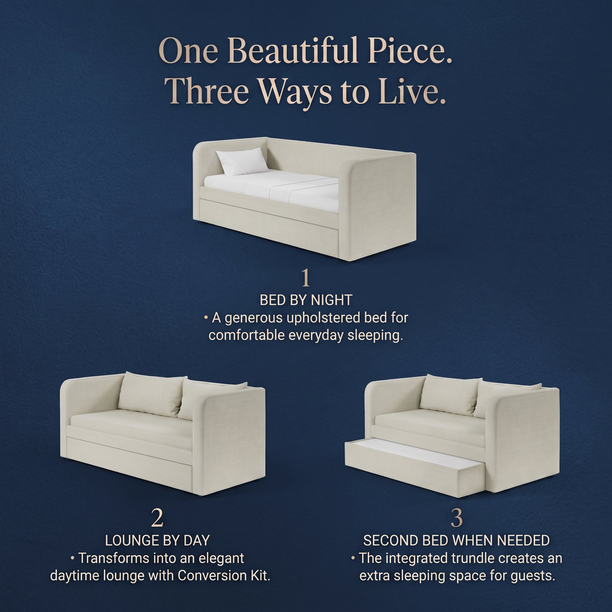 Promotional graphic for a beige upholstered conversion sofa shown in three lifestyle-style usage scenarios on a dark blue background: as a bed by night, as a lounge by day, and as a second bed when needed. Text at the top reads, 'One Beautiful Piece.