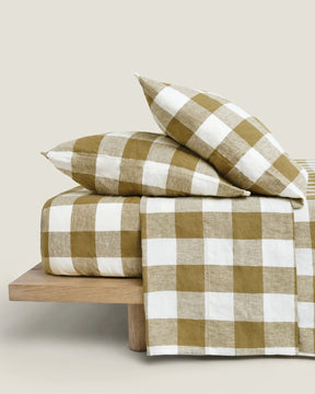 100% LINEN OLIVE CHECK DUVET SET