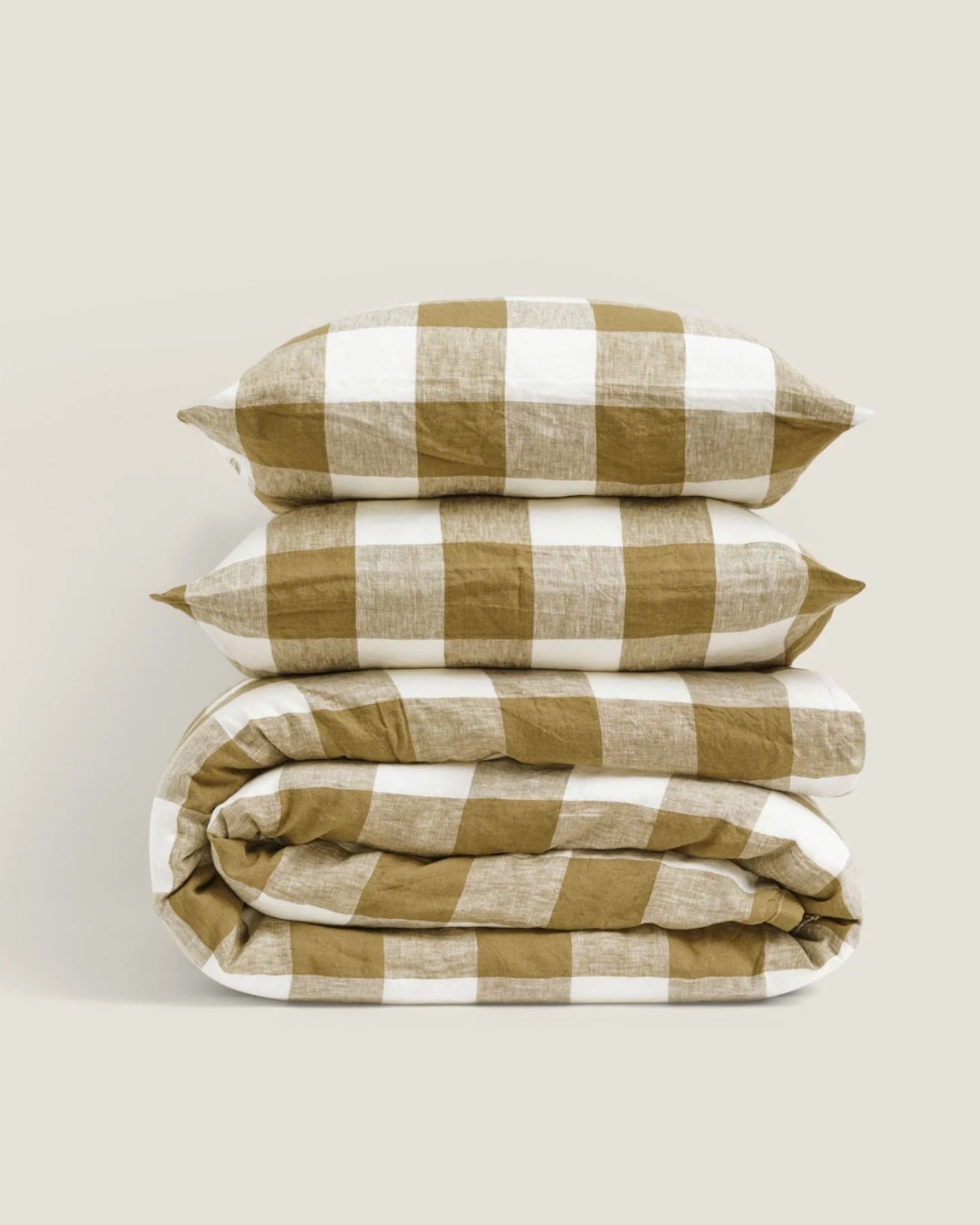 100% LINEN OLIVE CHECK DUVET SET