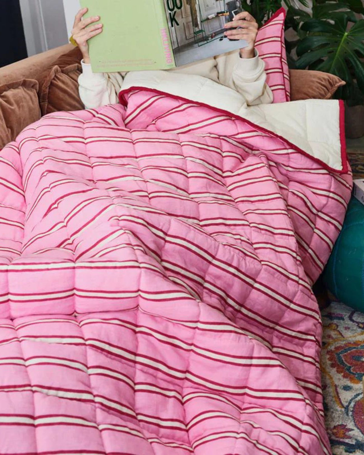 RASPBERRY STRIPE QUILTED THROW