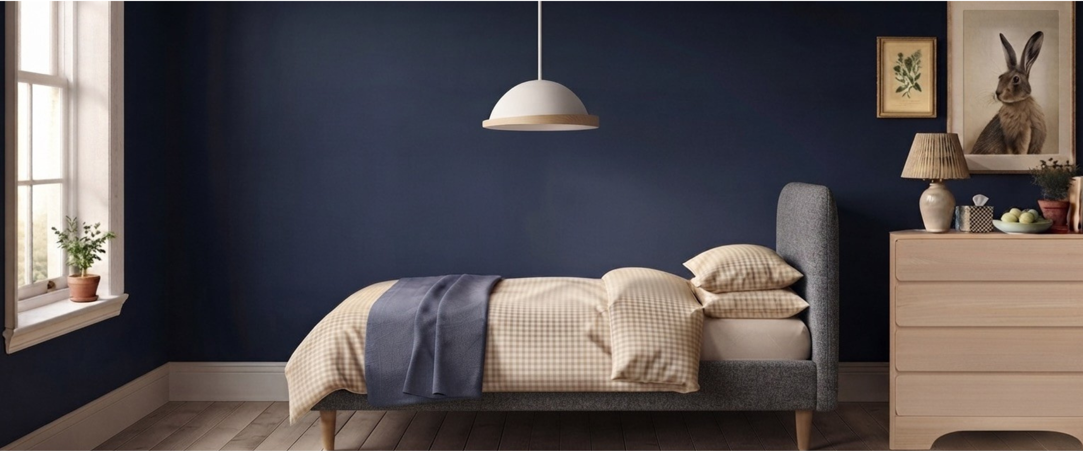 Scoop upholstered single bed in luxury woollen fabric and solid oak chest of drawers in a contemporary bedroom.
