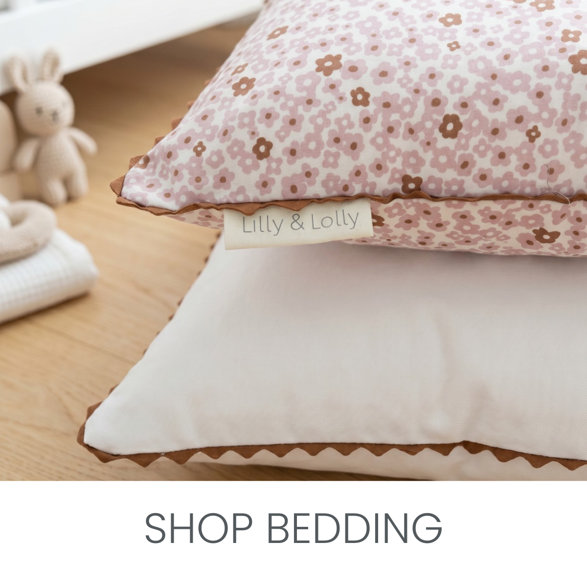 Luxury Children's Bedding Collection in Australia. The Daisy Collection features a tiny pink and cocoa daisy print which is whimsical and beautiful for kid's bedrooms.