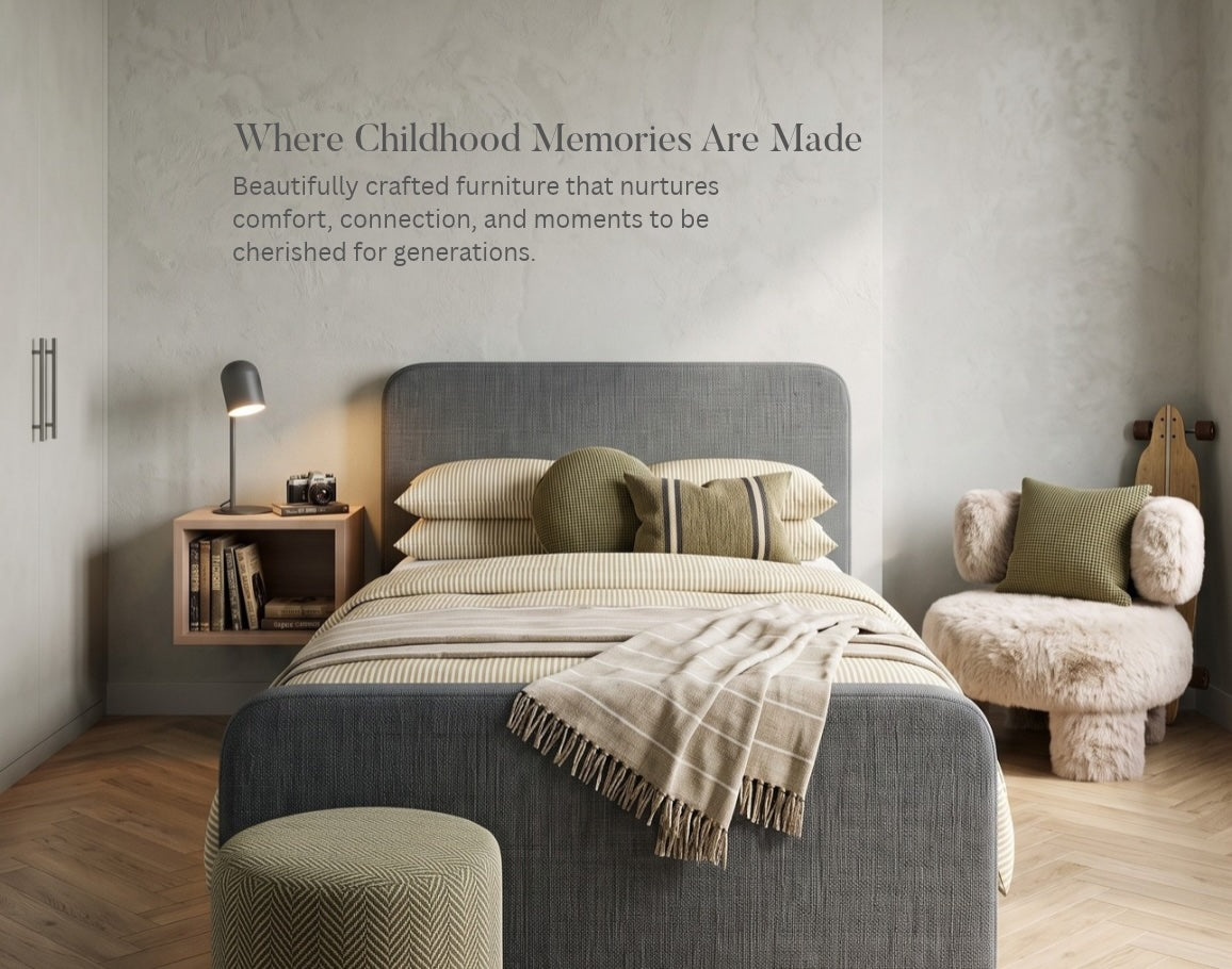 Teenager Boy's Bedroom featuring a grey upholstered bed with green cushions. Bedroom features a green ottoman, grey lamp and luxurious fluffy chair in the corner.
