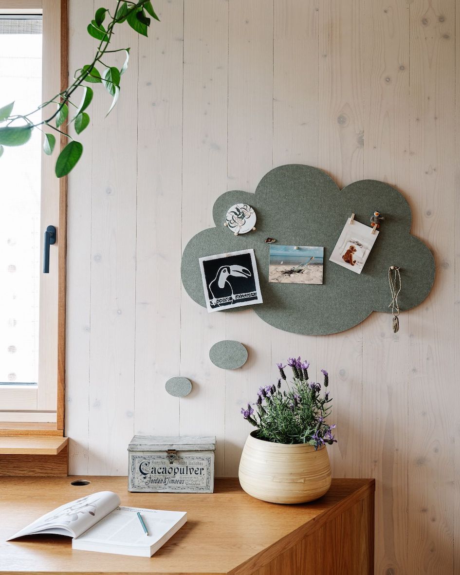 Thought Bubble Pin Board in an office setting, mounted on a workspace wall—perfect for pinning notes, reminders, and brainstorming ideas.