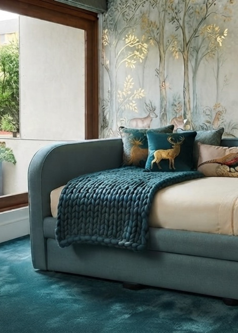 A blue linen upholstered sofa bed with pull ou trundle. Available in single and king single sizes. Set in a luxury child's bedroom.