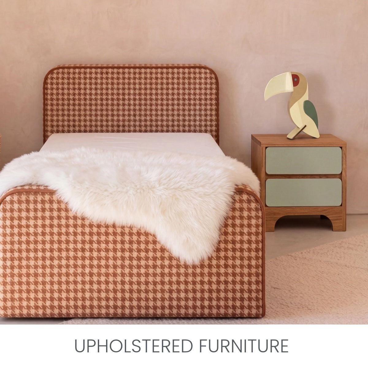 Shop Luxury children's furniture. Room features a bed in herringbone fabric with soft curves and detailed piping finish. Available in all bed sizes, including king single with optional trundles. Click through for a range of beds, daybeds, bedheads, ottomans, toyboxes and more.
