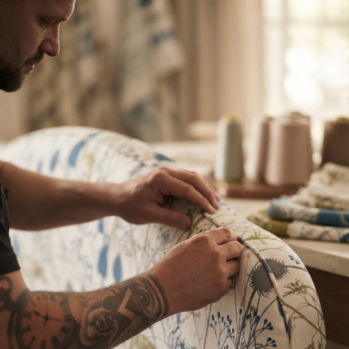 A close-up lifestyle shot of an upholsterer finish the fabric  on an upholsteryed bedhead  in a designer workshop.