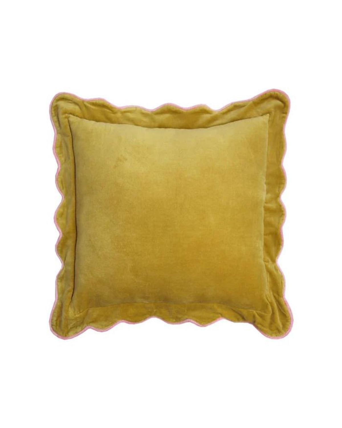 Add some colour and texture to your home with the Velvet Scalloped Cushion in Tawny Olive/Mustard. This 45cm square cushion is made from 100% velvet cotton and features a 5cm scalloped flange with contrast peony pink piping.