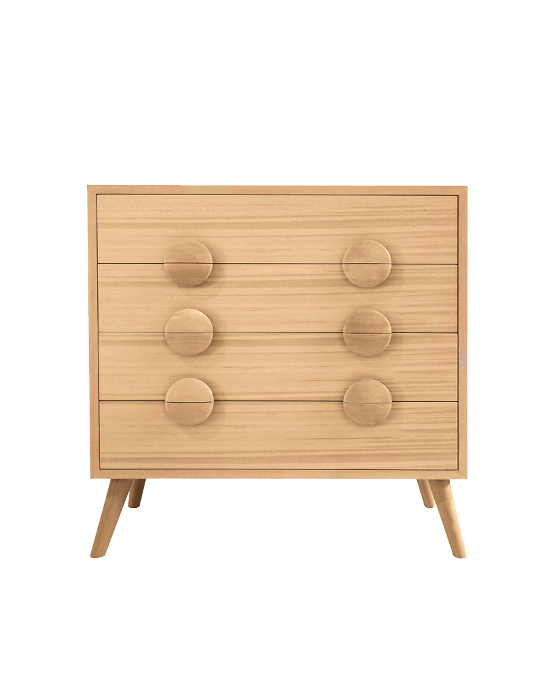 Charlie Chest of Drawers features signature hand turned button handles and angled legs. The frame conceals intricate mitred joinery which wrap around four spacious drawers. Designed to perfectly co-ordinate with the Charlie furniture collection.