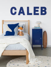 Kids love to see their names all over their things and this is the ultimate in personalisation. This bold custom wall decor will make a statement in any kids' room. CALEB &nbsp;in the 30cmH was used once for a photo shoot and we are excited to see this on another CALEB's wall (sold as the full name). Colour: Cobalt.